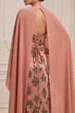 Orange Sheath Floral Long Satin Mother of the Bride Dress with Cape
