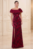 Burgundy Sheath Floral Satin Tiered Ruffled Long Mother of the Bride Dress with Slit
