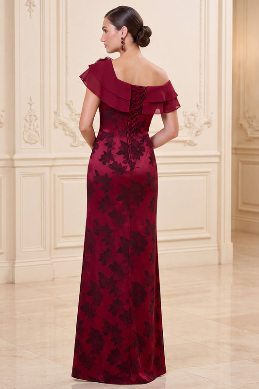 Burgundy Sheath Floral Satin Tiered Ruffled Long Mother of the Bride Dress with Slit