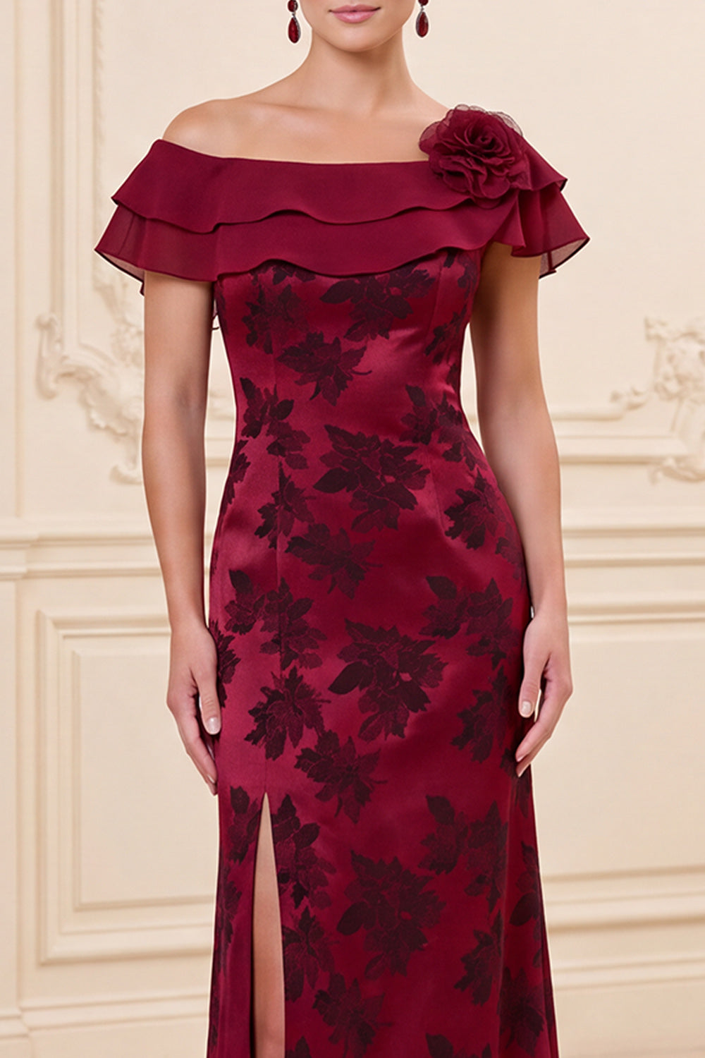 Burgundy Sheath Floral Satin Tiered Ruffled Long Mother of the Bride Dress with Slit