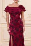 Burgundy Sheath Floral Satin Tiered Ruffled Long Mother of the Bride Dress with Slit