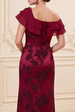 Burgundy Sheath Floral Satin Tiered Ruffled Long Mother of the Bride Dress with Slit