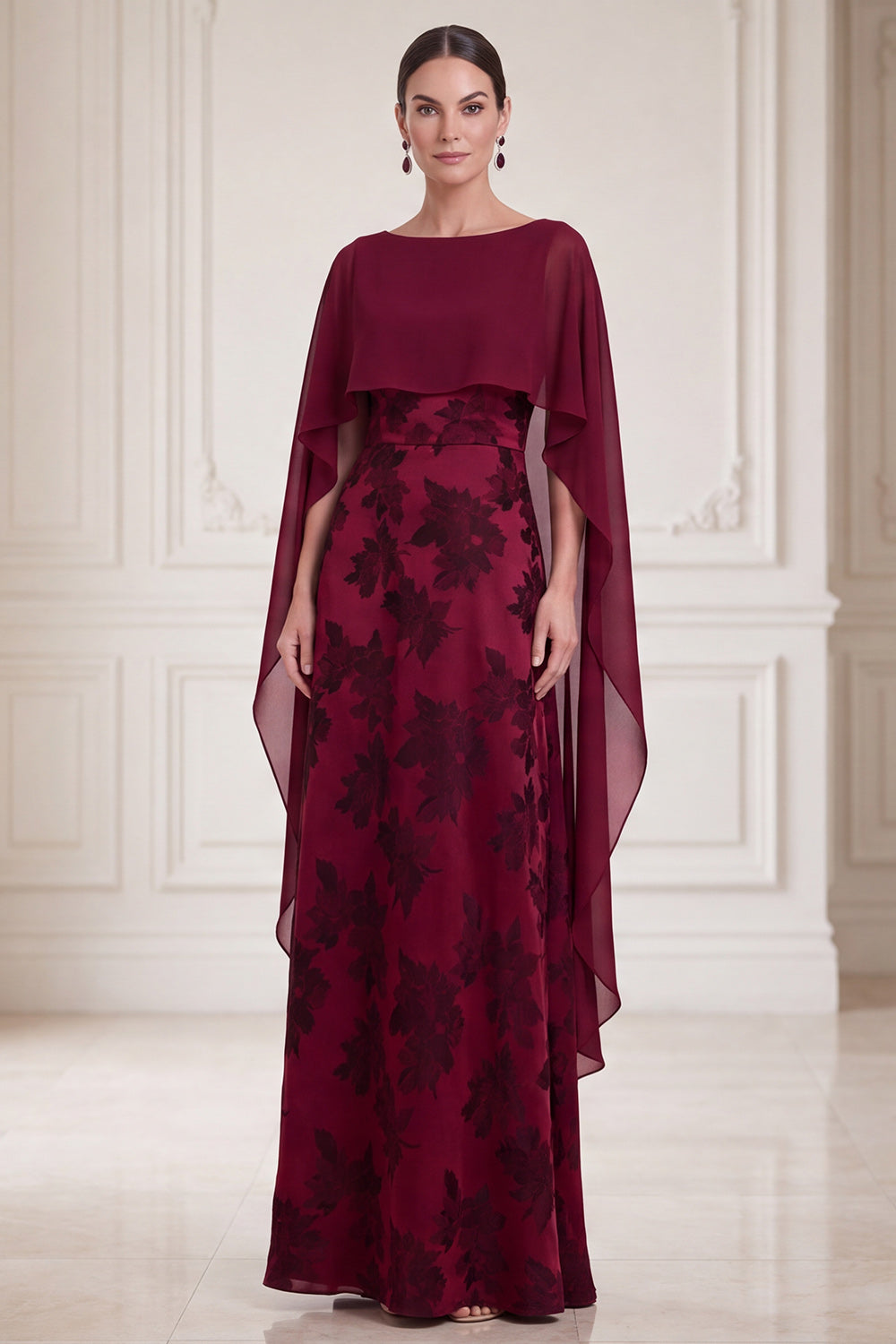 Burgundy A Line Floral Long Satin Mother of the Bride Dress with Cape