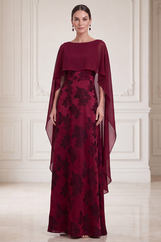 Burgundy A Line Floral Long Satin Mother of the Bride Dress with Cape