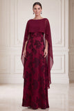 Burgundy A Line Floral Long Satin Mother of the Bride Dress with Cape