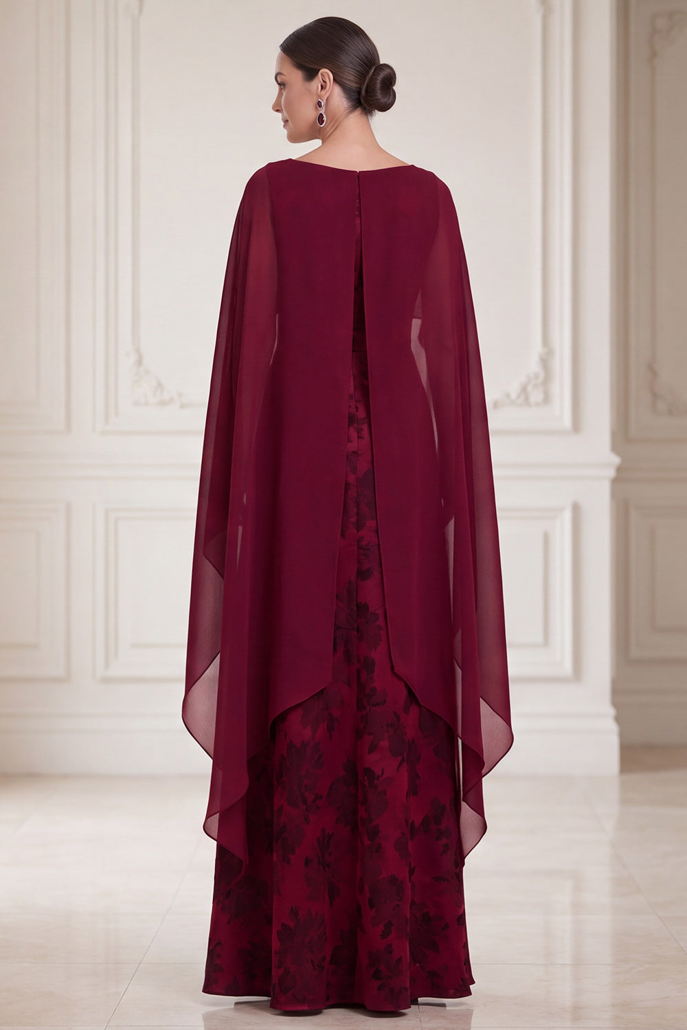 Burgundy A Line Floral Long Satin Mother of the Bride Dress with Cape