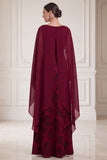 Burgundy A Line Floral Long Satin Mother of the Bride Dress with Cape