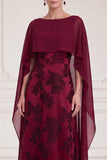 Burgundy A Line Floral Long Satin Mother of the Bride Dress with Cape