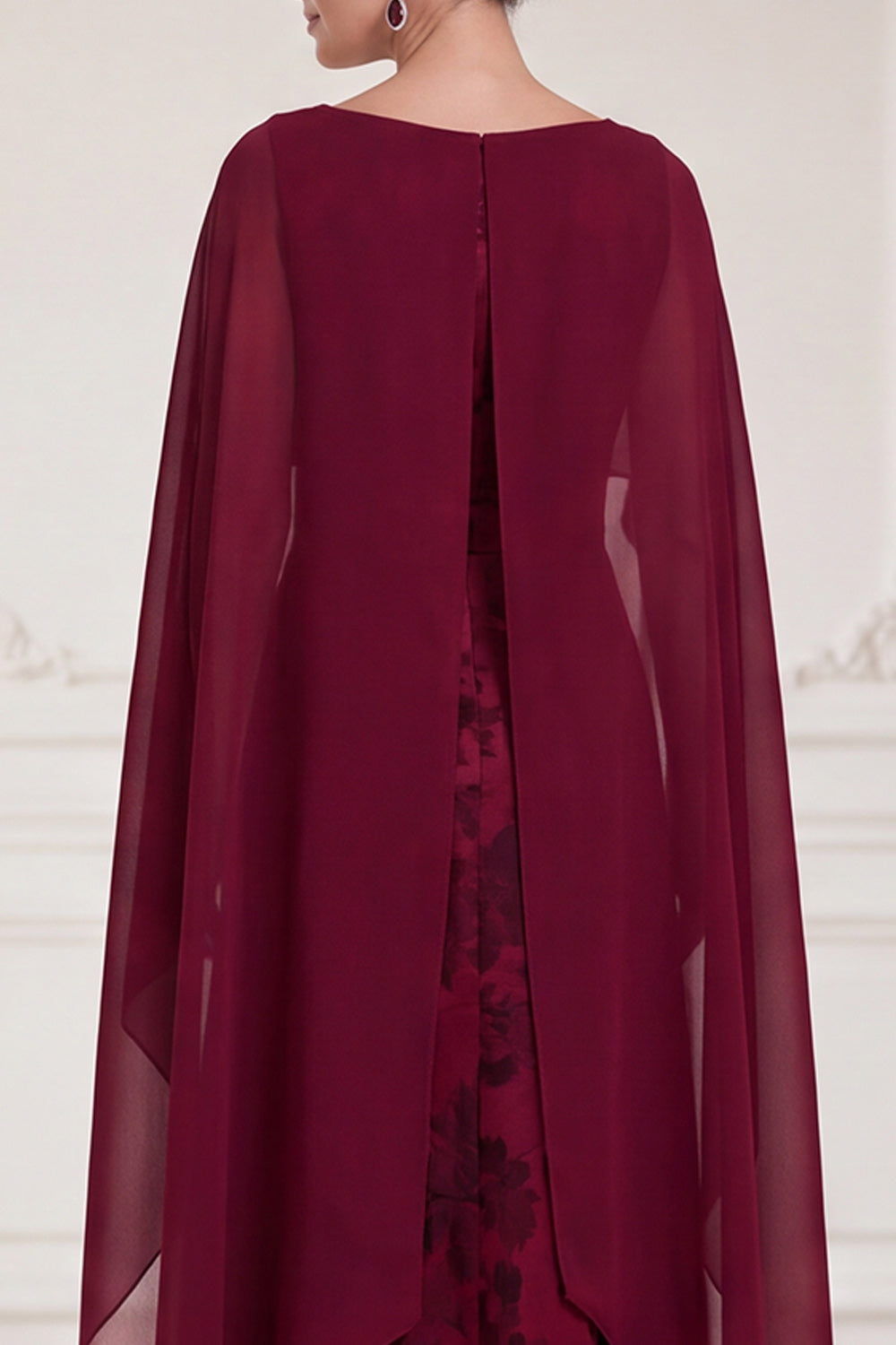 Burgundy A Line Floral Long Satin Mother of the Bride Dress with Cape