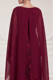 Burgundy A Line Floral Long Satin Mother of the Bride Dress with Cape