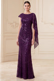 Sparkly Dark Purple Mermaid Sequin Long Mother of the Bride Dress with Side Cape