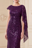 Sparkly Dark Purple Mermaid Sequin Long Mother of the Bride Dress with Side Cape