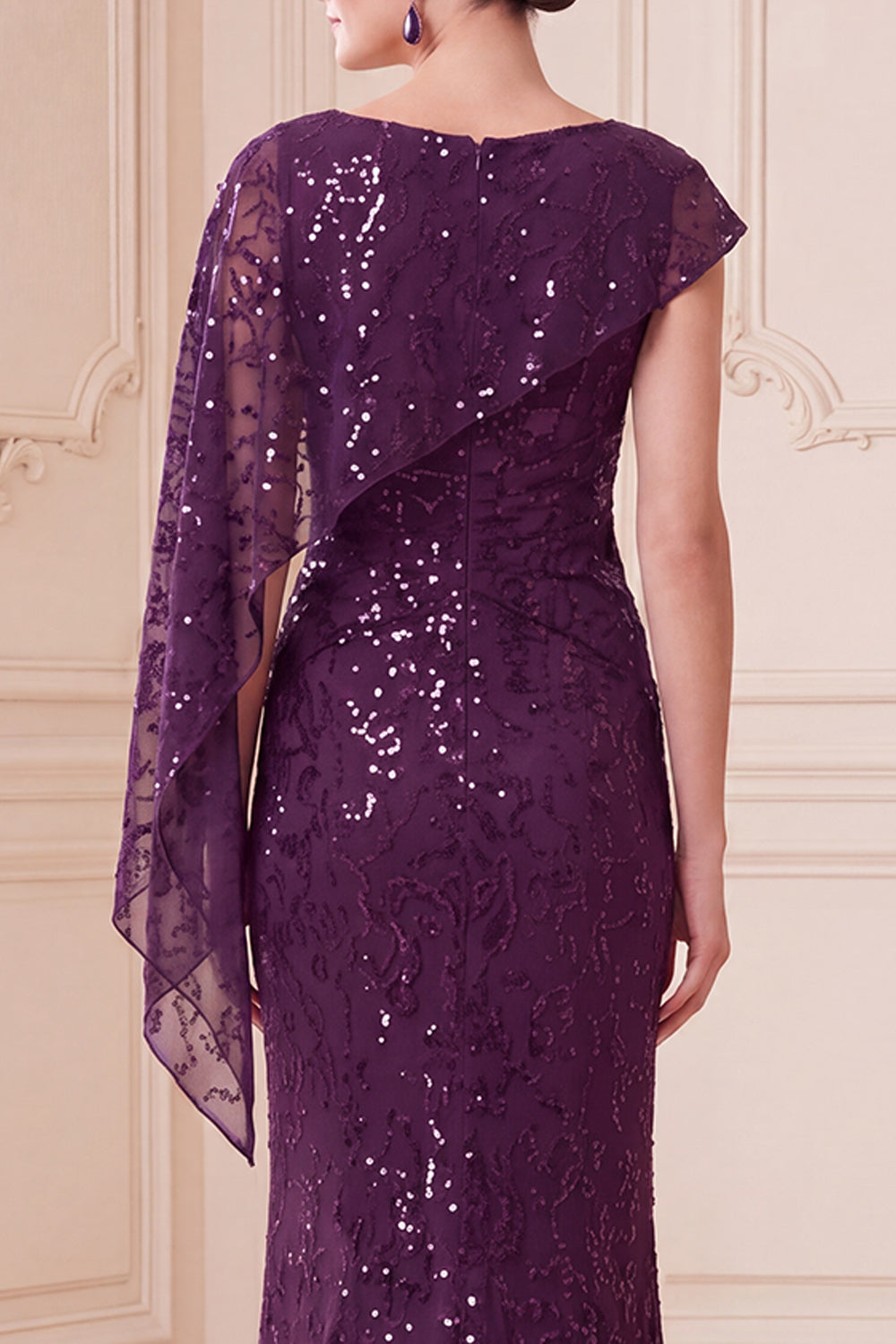 Sparkly Dark Purple Mermaid Sequin Long Mother of the Bride Dress with Side Cape