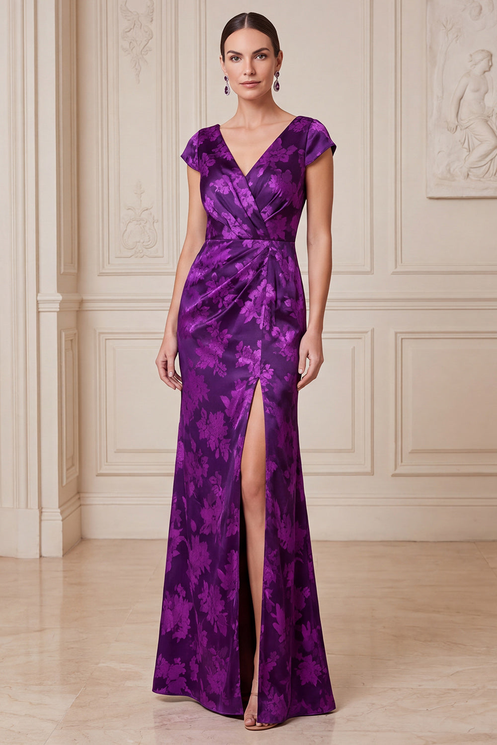 Dark Purple Mermaid Ruched Satin Long Floral Mother of the Bride Dress with Slit