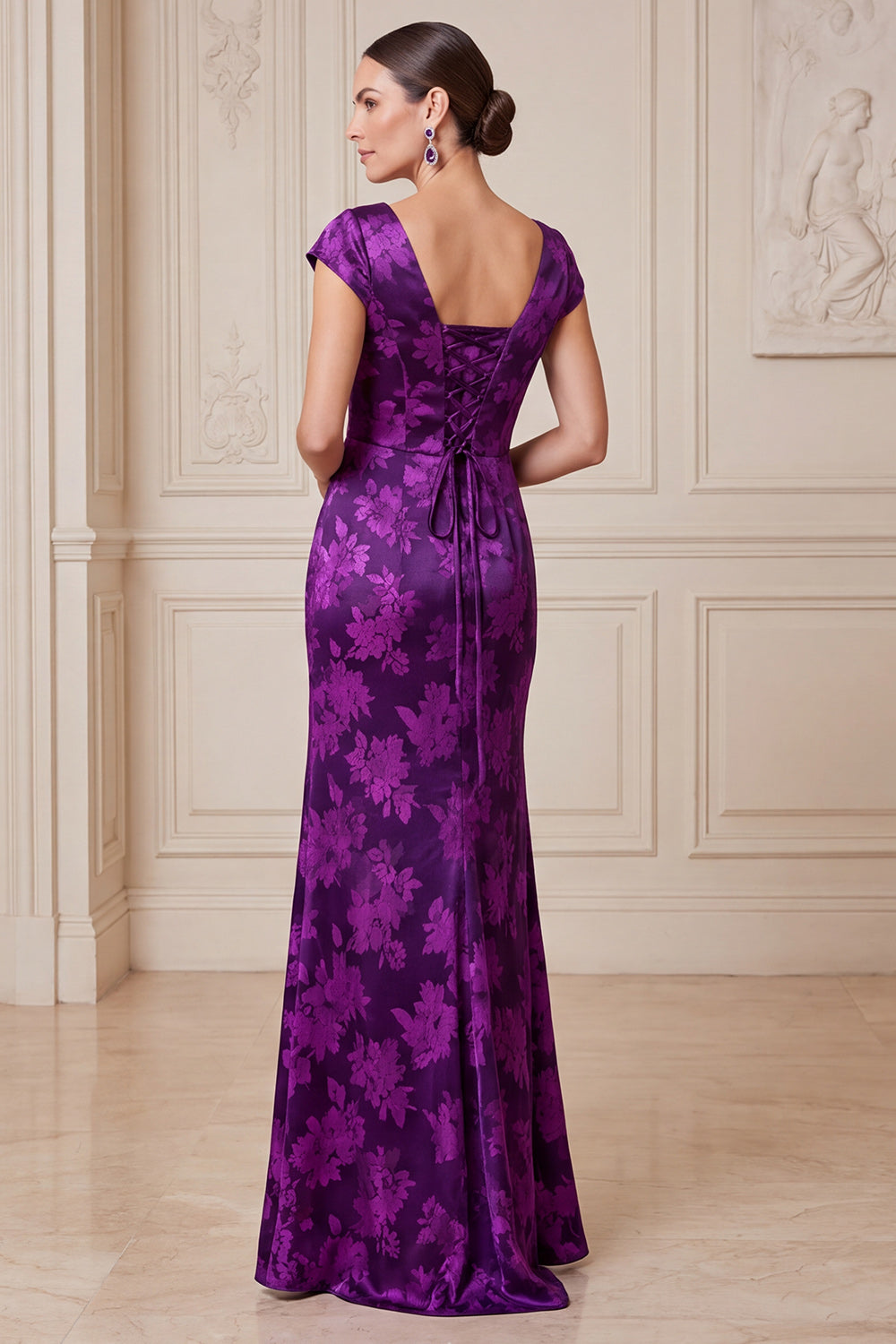 Dark Purple Mermaid Ruched Satin Long Floral Mother of the Bride Dress with Slit
