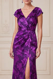 Dark Purple Mermaid Ruched Satin Long Floral Mother of the Bride Dress with Slit