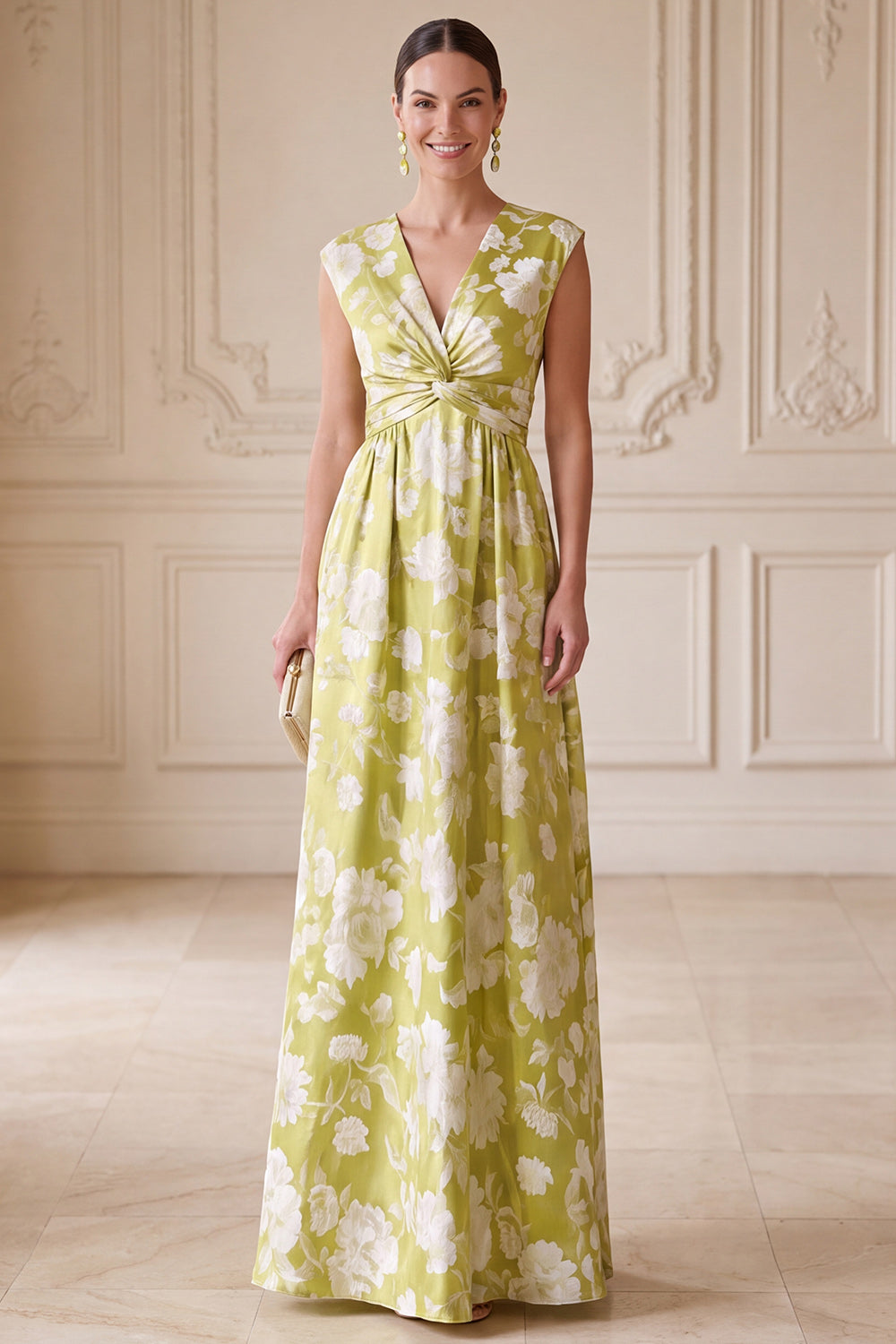 Green A-Line V-Neck Ruched Long Floral Mother of the Bride Dress