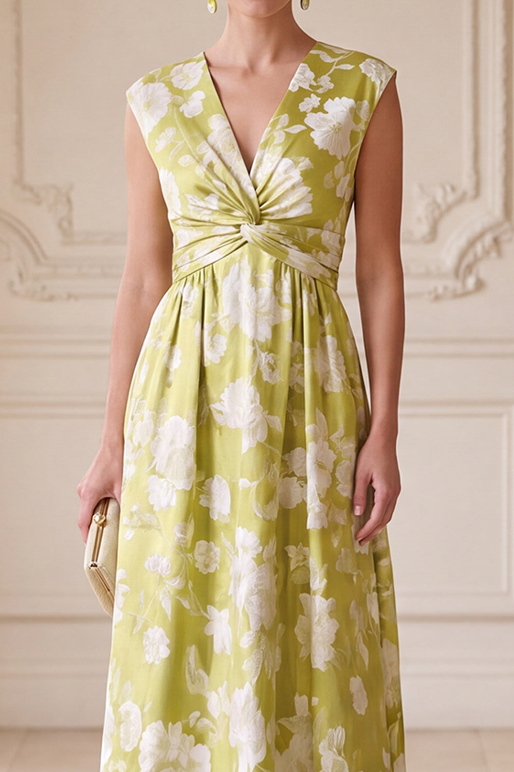 Green A-Line V-Neck Ruched Long Floral Mother of the Bride Dress