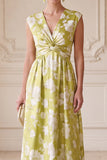 Green A-Line V-Neck Ruched Long Floral Mother of the Bride Dress