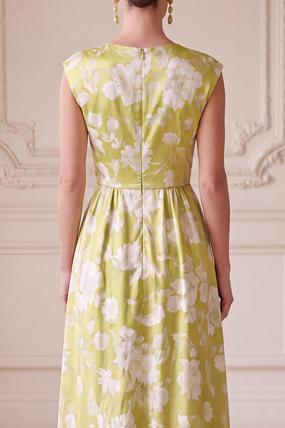 Green A-Line V-Neck Ruched Long Floral Mother of the Bride Dress