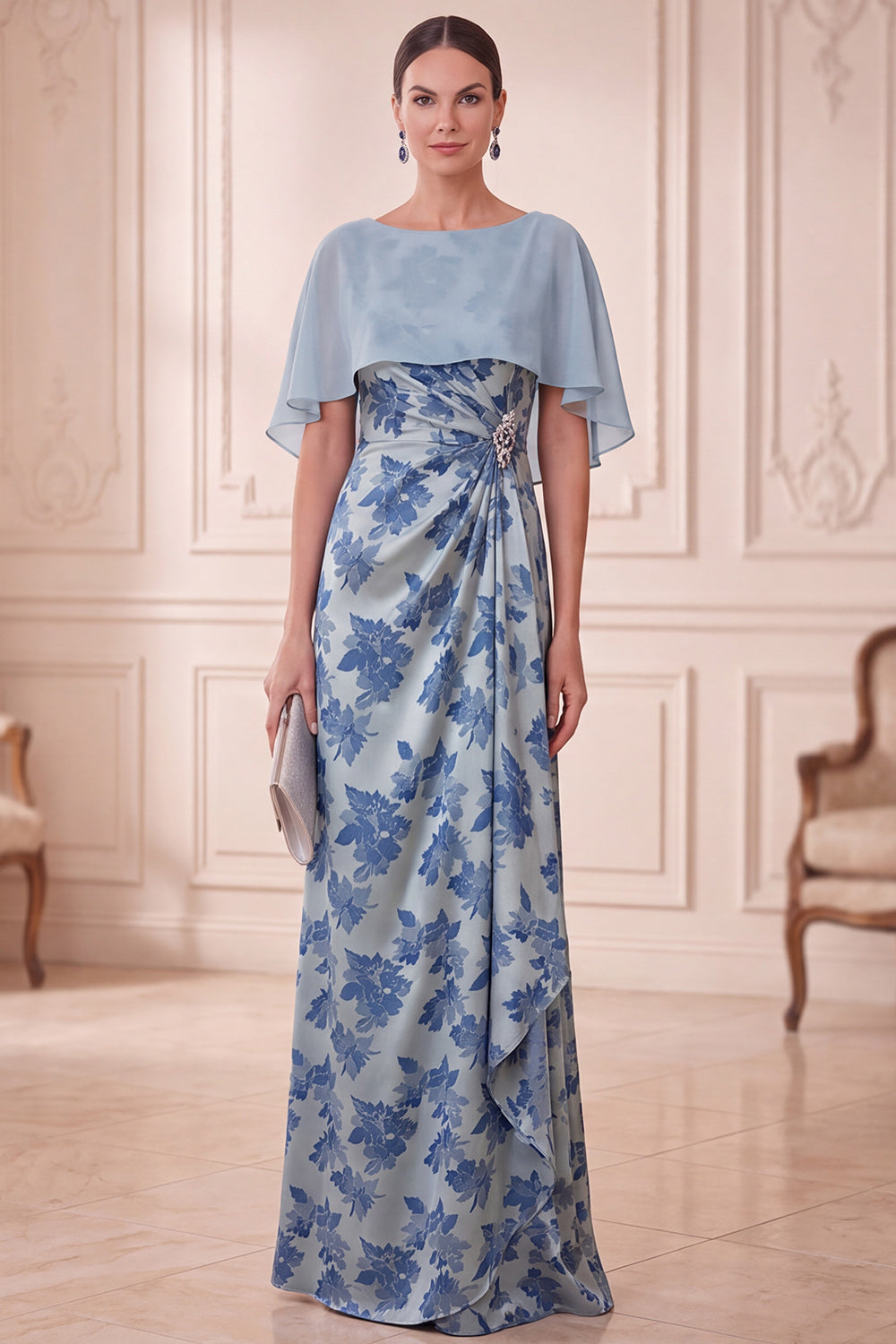 Grey Blue Sheath Floral Ruched Long Mother of the Bride Dress with Cape
