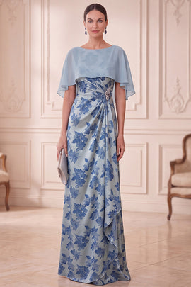 Grey Blue Sheath Floral Ruched Long Mother of the Bride Dress with Cape