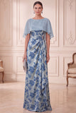 Grey Blue Sheath Floral Ruched Long Mother of the Bride Dress with Cape