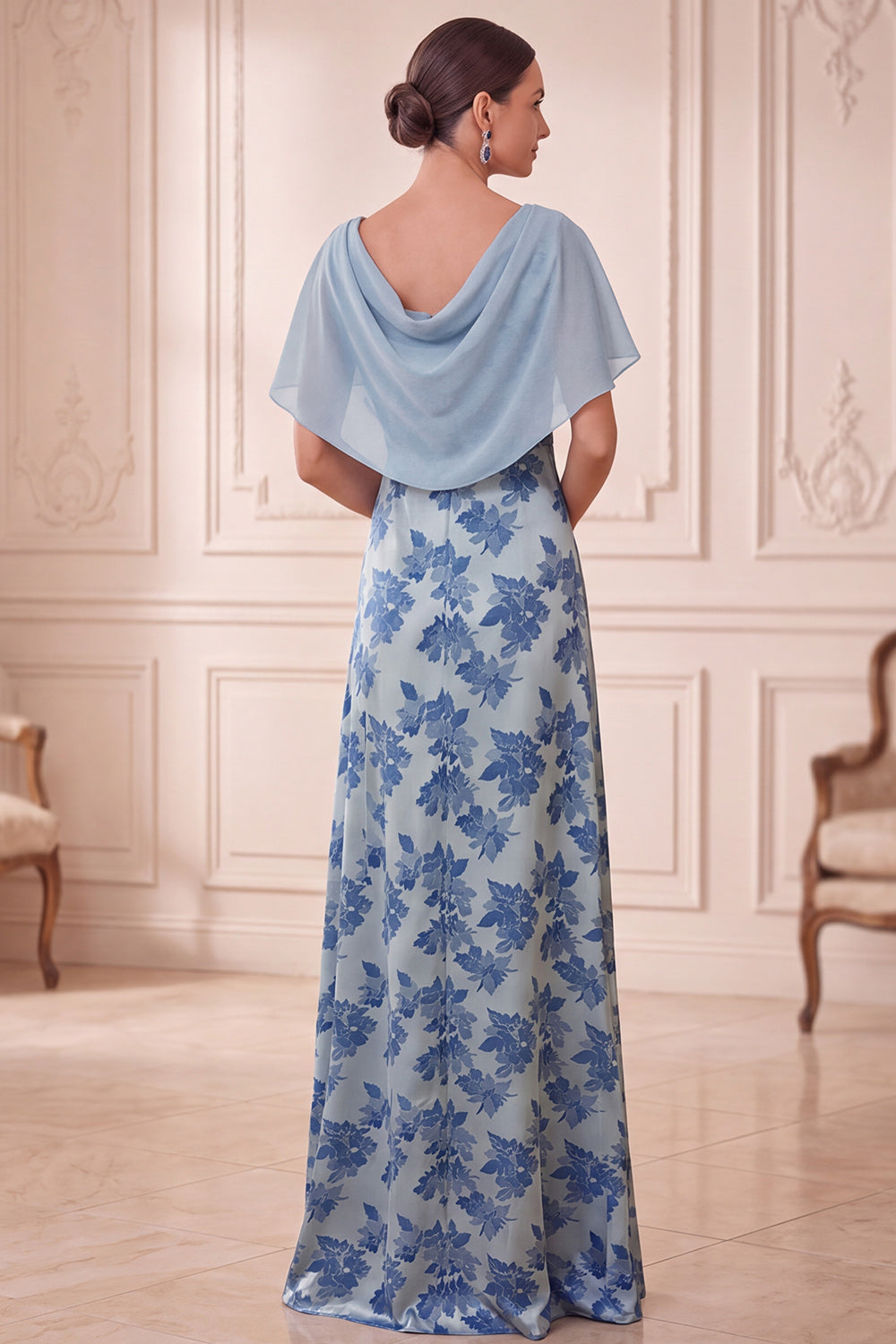 Grey Blue Sheath Floral Ruched Long Mother of the Bride Dress with Cape