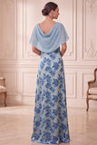 Grey Blue Sheath Floral Ruched Long Mother of the Bride Dress with Cape