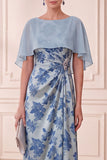 Grey Blue Sheath Floral Ruched Long Mother of the Bride Dress with Cape