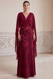 Burgundy Sheath V-Neck Floral Long Ruched Mother of the Bride Dress with Cape