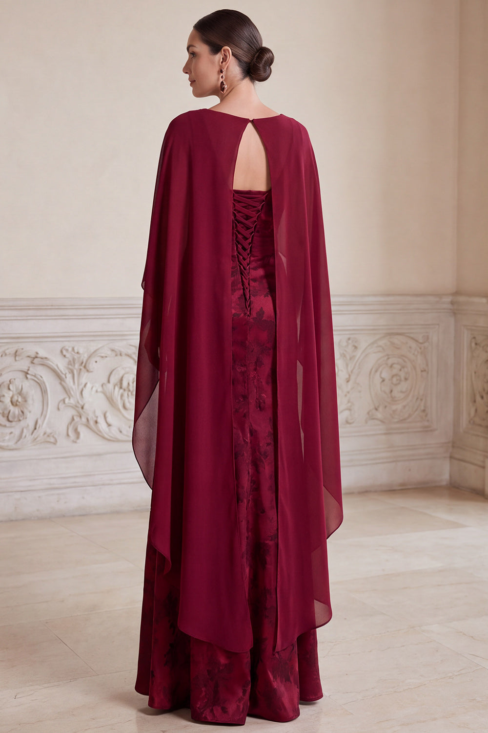 Burgundy Sheath V-Neck Floral Long Ruched Mother of the Bride Dress with Cape