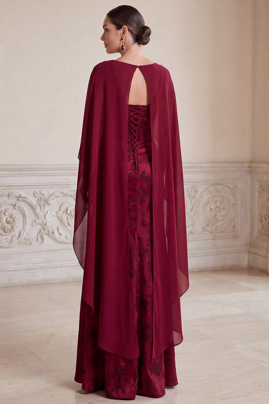 Burgundy Sheath V-Neck Floral Long Ruched Mother of the Bride Dress with Cape