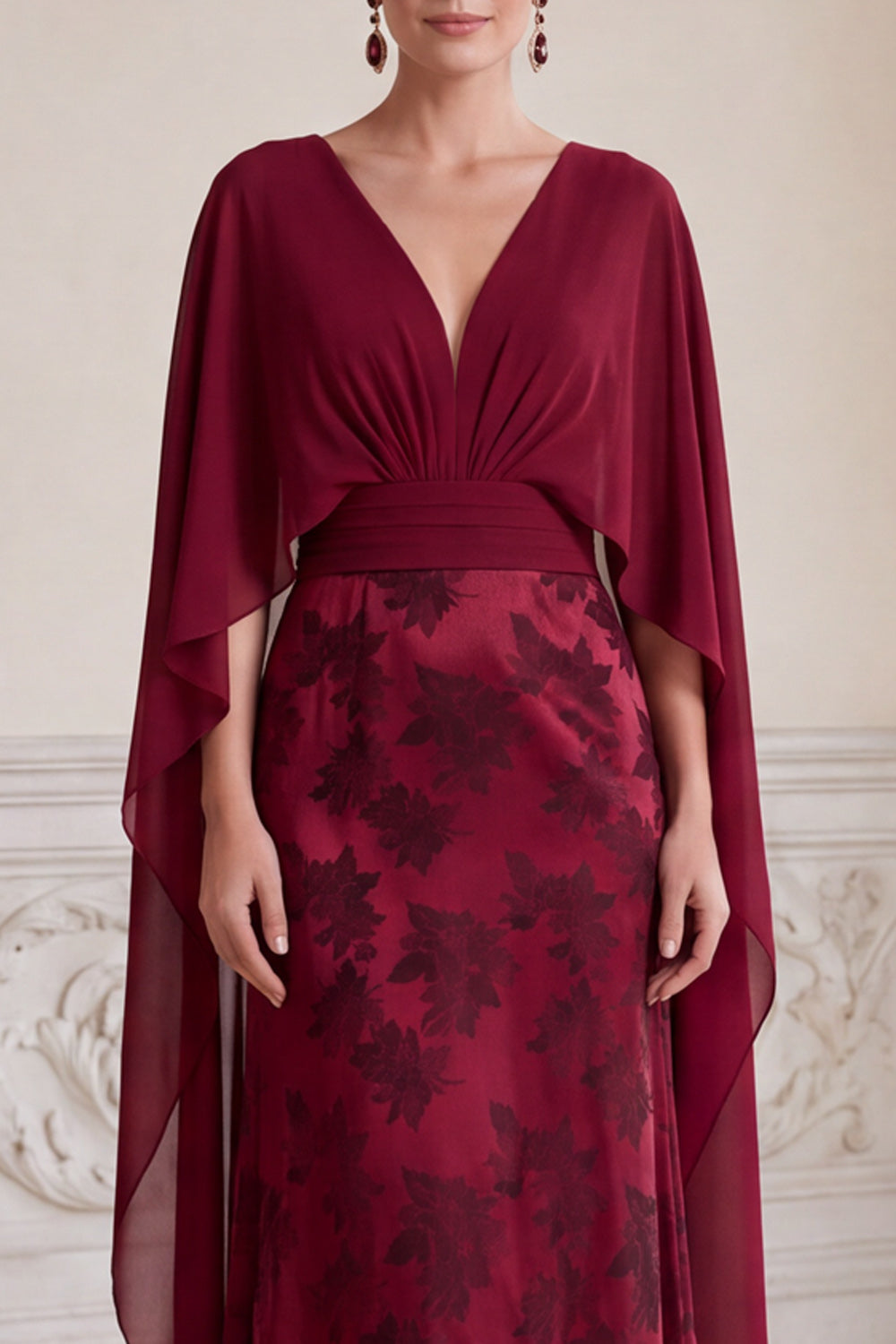 Burgundy Sheath V-Neck Floral Long Ruched Mother of the Bride Dress with Cape