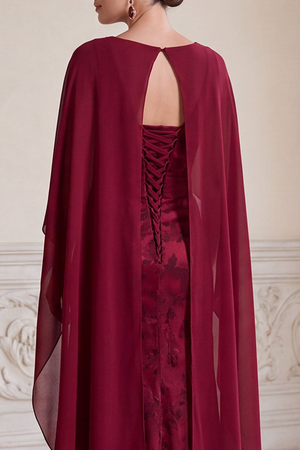 Burgundy Sheath V-Neck Floral Long Ruched Mother of the Bride Dress with Cape
