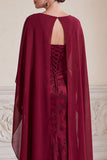 Burgundy Sheath V-Neck Floral Long Ruched Mother of the Bride Dress with Cape