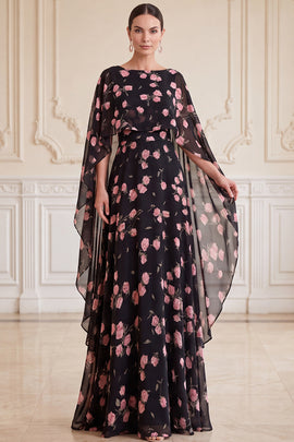 Black Pink Flower A-Line Long Chiffon Mother of the Bride Dress with Cape