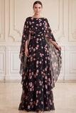Black Pink Flower A-Line Long Chiffon Mother of the Bride Dress with Cape