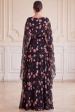 Black Pink Flower A-Line Long Chiffon Mother of the Bride Dress with Cape