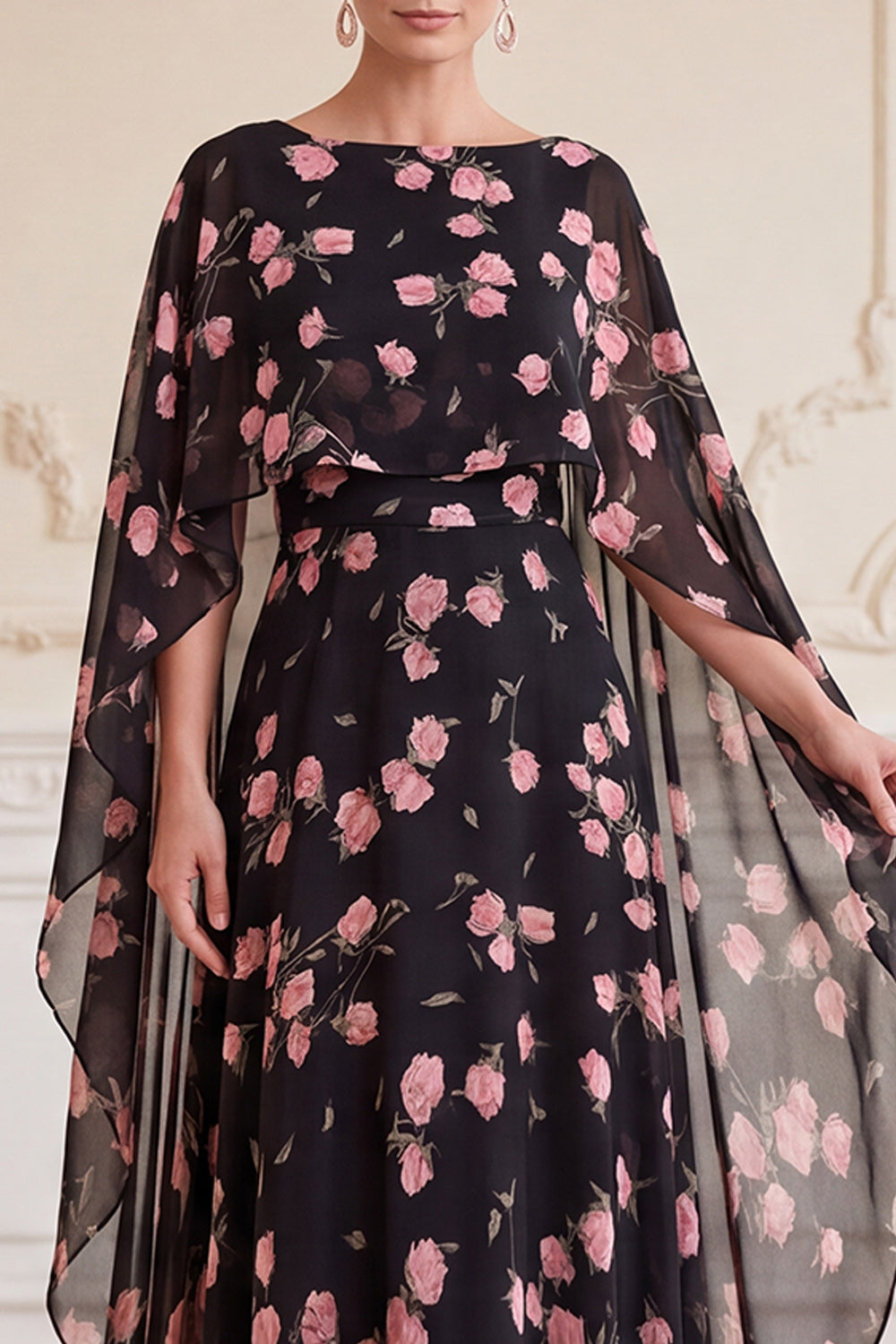 Black Pink Flower A-Line Long Chiffon Mother of the Bride Dress with Cape