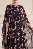 Black Pink Flower A-Line Long Chiffon Mother of the Bride Dress with Cape