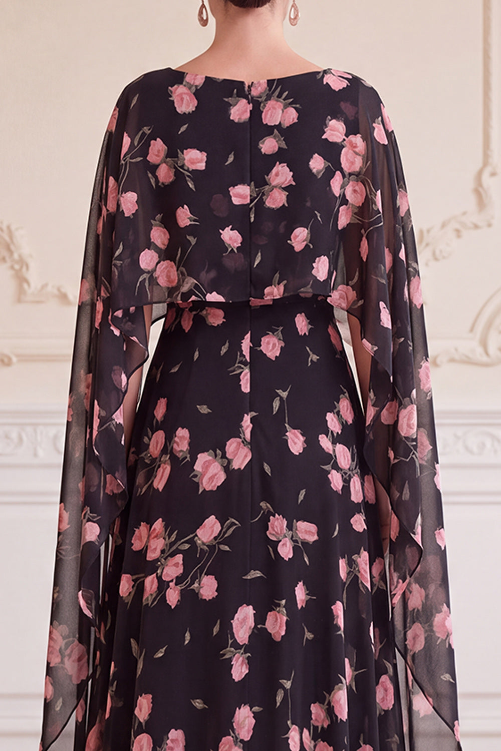 Black Pink Flower A-Line Long Chiffon Mother of the Bride Dress with Cape