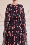Black Pink Flower A-Line Long Chiffon Mother of the Bride Dress with Cape
