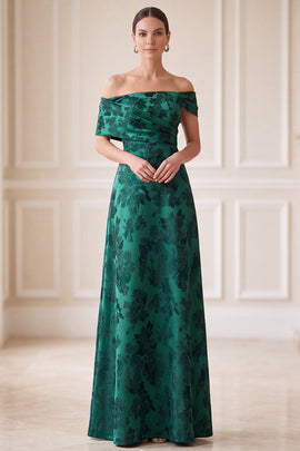 Dark Green A-Line Ruched Floral Satin Long Mother of the Bride Dress