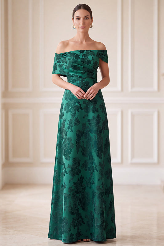 Dark Green A-Line Ruched Floral Satin Long Mother of the Bride Dress