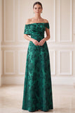 Dark Green A-Line Ruched Floral Satin Long Mother of the Bride Dress