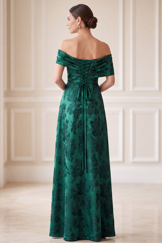 Dark Green A-Line Ruched Floral Satin Long Mother of the Bride Dress