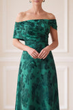 Dark Green A-Line Ruched Floral Satin Long Mother of the Bride Dress