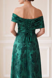 Dark Green A-Line Ruched Floral Satin Long Mother of the Bride Dress