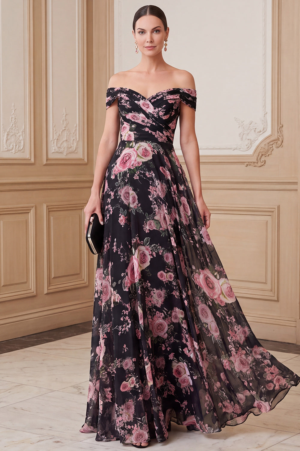 Black Pink Flower A-Line Chiffon Ruched Long Mother of the Bride Dress